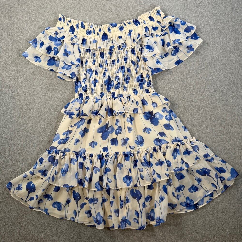 MISA Los Angeles Size Small Blue Floral Smocked Off-Shoulder Mini Dress Ruffle